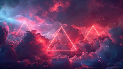 Wall Mural - Three Neon Triangles in Pink and Blue Clouds