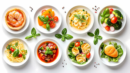 set of plates of food isolated on a white background, top view