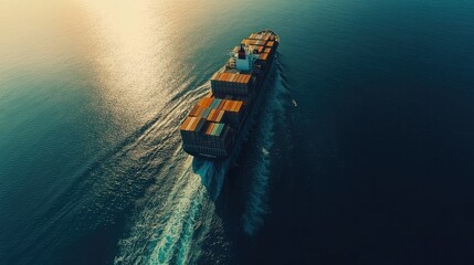 Wall Mural - Aerial shot of a large cargo container ship cruising through the ocean. Shows the scale of sea freight and the logistics involved in transporting goods internationally.