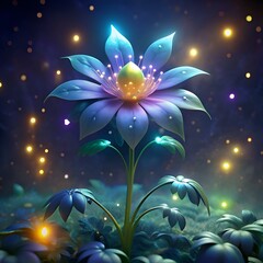 A mesmerizing 3D illustration of a glowing blue flower blooming in a magical night forest.