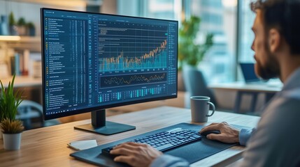 Fototapete - An expert is deeply engaged in data analysis on a large screen at a tidy desk, equipped with a keyboard, notepad, and coffee. Generative AI