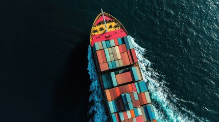 Wall Mural - Aerial view of a cargo ship with stacked containers, traversing the ocean. Showcases global transportation and logistics for international freight shipping. -