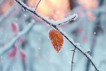 Poster - Single leaf in winter snow