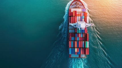 Wall Mural - Aerial view of a freight ship with stacked containers on the open sea, emphasizing worldwide business services and international trade logistics.