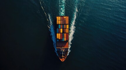 Wall Mural - Aerial view of a large cargo container ship loaded with containers, traveling across the open ocean. Highlights sea freight logistics and industrial transportation. -