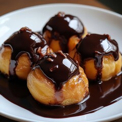 Sticker - Four chocolate-covered cream puffs on a white plate.