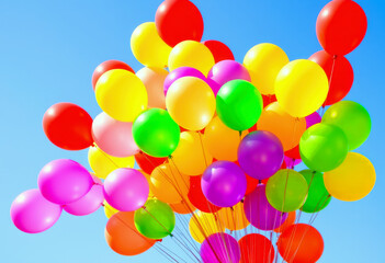 A bouquet of colorful balloons flying in the sky