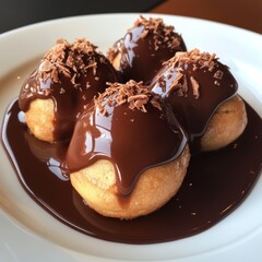 Wall Mural - Four chocolate-covered profiteroles on a white plate.