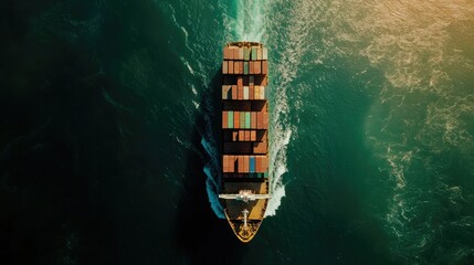 Wall Mural - Aerial view of a ship carrying cargo containers, navigating the open sea, highlighting global logistics and international import/export business services.