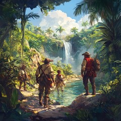 Wall Mural - Four explorers stand in front of a waterfall in a lush jungle.