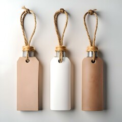 Three blank gift tags with twine. one white. one brown. and one natural.