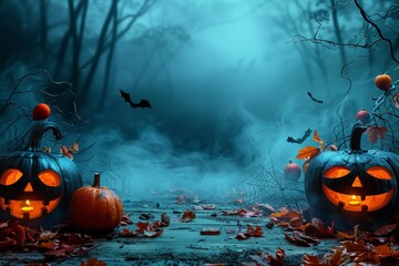 Halloween background, dark street with pumpkins, copy space, horror