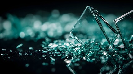 Poster - Macro Photograph of Shattered Glass Fragments Scattered Across a Dark Surface Capturing the Sharp Edges Reflections and Textures