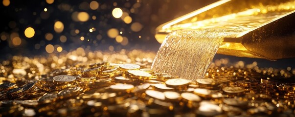 Wall Mural - A close-up of gold coins spilling from a gleaming gold bar, showcasing abundance and wealth with sparkling highlights.