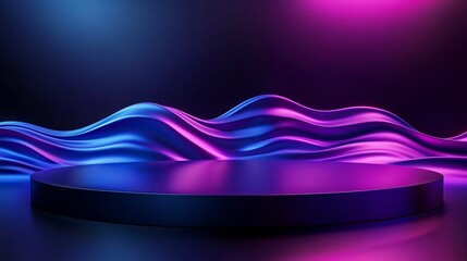 Poster - A 3D podium with a smooth, metallic texture resembling an alien world, highlighted on a dark purple and blue gradient background