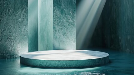 Poster - A minimalist 3D podium featuring a surface like a frozen lake, set against a dark turquoise background with light reflections