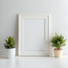 A blank white picture frame sits on a white tabletop. flanked by two potted plants.