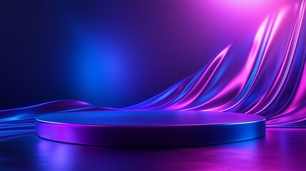 Poster - A 3D podium with a smooth, metallic texture resembling an alien world, highlighted on a dark purple and blue gradient background