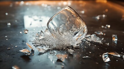 Poster - Macro photography of a shattered glass tumbler with the fragments and pieces scattered across the floor capturing the dynamic explosion of crystal and the intricate details and textures