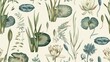 A seamless pattern of vintage botanical drawings of aquatic plants like water lilies and reeds, illustrated in muted blues and greens on a pale background.