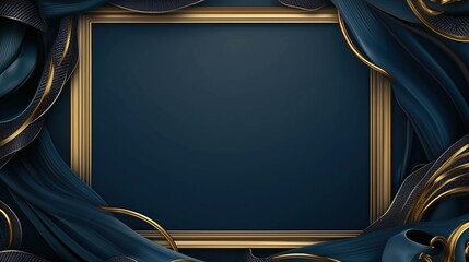 Luxurious 3D abstract background featuring a rich blue backdrop with intricate golden frame details and swirling patterns, complemented by dark blue silk fabric. Ideal for elegant product presentation