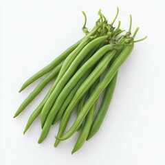 Sticker - Fresh green beans with stems arranged in a pile on a white background.