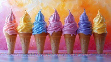 vibrant melting ice cream cones dripping with colorful sprinkles swirls of creamy texture against sunny background playful composition with intense saturated colors and glossy highlights