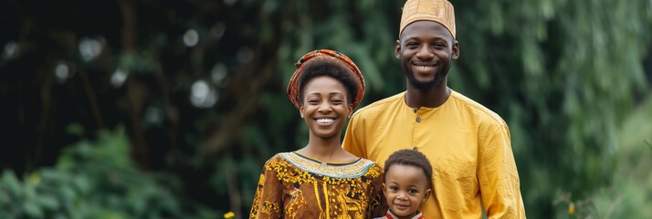 A happy family of three dressed in traditional attire smiles for the camera against a natural backdrop, capturing familial bonds and the beauty of cultural heritage.