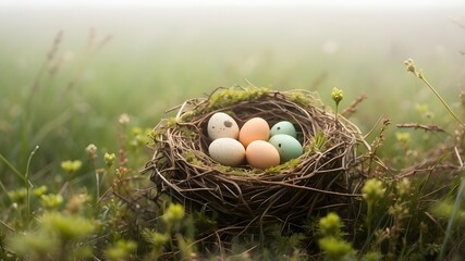 A nest of birds holding eggs in a natural meadow during a foggy day.