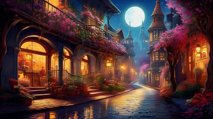 Oil painting of an old street in the evening, a fantasy city, with moonlight and night lights. A narrow alley with arches and buildings, a wet cobblestone road, flowers on balconies