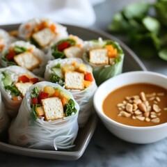 Wall Mural - Fresh spring rolls with peanut sauce and vegetables on a plate.