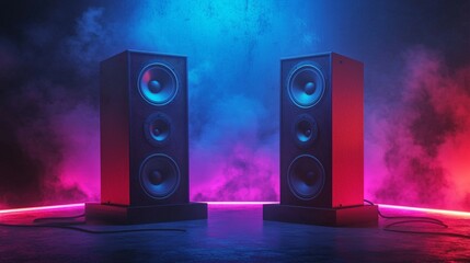 Two sound speakers and subwoofer on dark background with neon lights. Set for listening music. Audio equipment