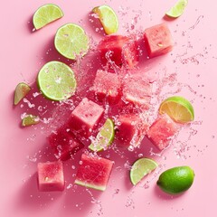 Poster - Fresh watermelon and lime slices with splashing water on pink background.