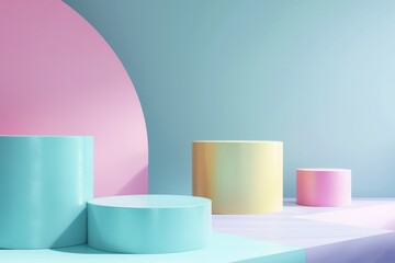 Wall Mural - Pastel Cylinder Display with Curved Pink and Blue Backgrounds