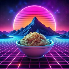 A vibrant 3D illustration of a bowl of soba noodles set against a retro futuristic backdrop.