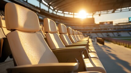 Empty Olympicsized stadium at golden hour, warm sunlight streaming in, detailed shadow play on the seats