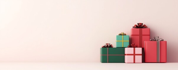 Colorful gift boxes stacked together on a soft background, perfect for holiday celebrations and festive occasions.