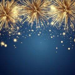 Wall Mural - Golden fireworks bursting on a dark blue background with sparkling lights.