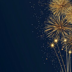 Wall Mural - Golden fireworks exploding in the night sky, leaving sparkling trails against a dark blue background.