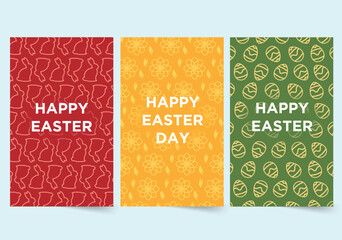 Wall Mural - Bunnies and eggs concept in the flat cartoon design. Easter greeting card designs with Happy Easter text and colorful background with flowers, bunnies and eggs. Vector illustration.