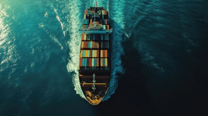 Wall Mural - Bird-eye view of a large cargo ship with containers stacked on deck, moving through the ocean. Captures the logistics and scale of global sea freight and industrial shipping.