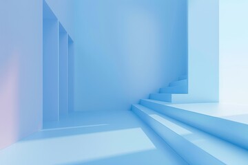 Poster - Abstract blue minimalist room with stairs