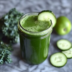 Canvas Print - Green juice made with kale, cucumber, and apple in a mason jar.