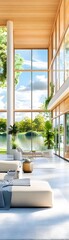 Sticker - Modern Living Room with Large Windows and Water View.