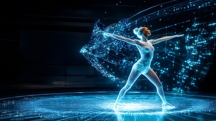 Woman in glowing digital grid,  futuristic technology.