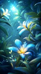 Sticker - Glowing Blue Lilies in a Magical Forest.