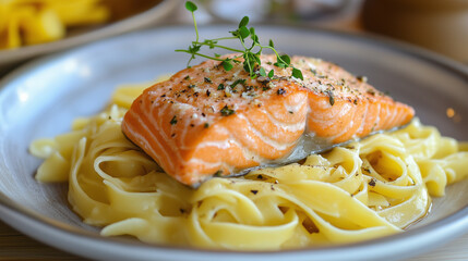 Wall Mural - Steamed salmon with herbs and pasta on a plate