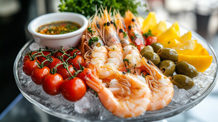 Fresh shrimps, olives, tomatoes and sauce in bowl