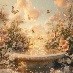 Canvas Print - Magical garden with butterflies and sparkling water.