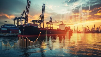 Wall Mural - Cargo ship at port with crane in action, and an upward trend graph showing growth in freight transport and export. Highlights logistics advancements.